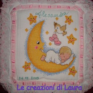 Fiocco Nascita bimba su luna punto croce Alessandra