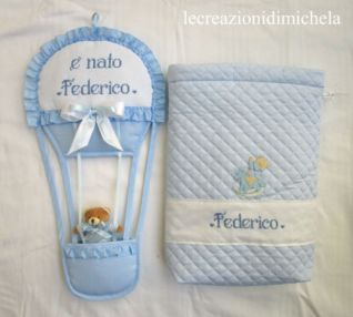 completo  fiocco nascita mongolfiera e sacchetto per Federico