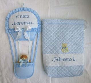 Completo fiocco nascita mongolfiera+sacchetto per Lorenzo