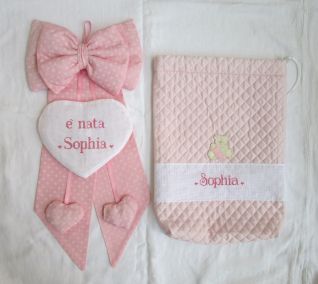 fiocchi nascita e sacchetto trapuntato per Sophia