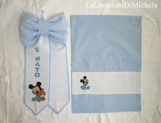 Fiocco nascita Baby Topolino+sacchetto+nome punto  croce