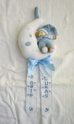 fiocco nascita luna con orsetto personalizzato per Lukas
