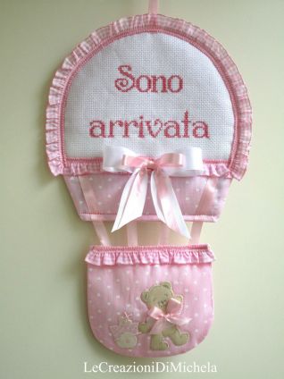 Fiocco Nascita mongolfiera rosa o celeste  con scritta 