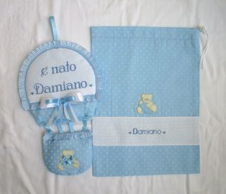 fiocco nascita mongolfiera +sacchetto clinica per Damiano