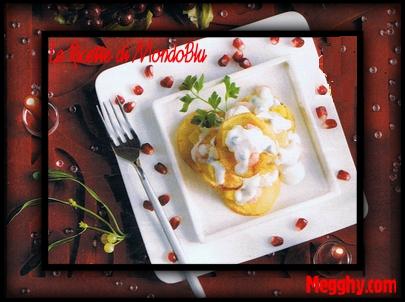 Millefoglie di patate con gamberetti e mango