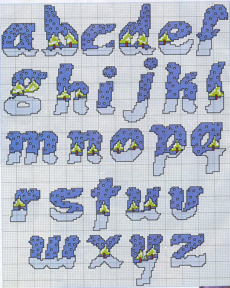 Schema punto croce Alfabeto paesaggio nevoso