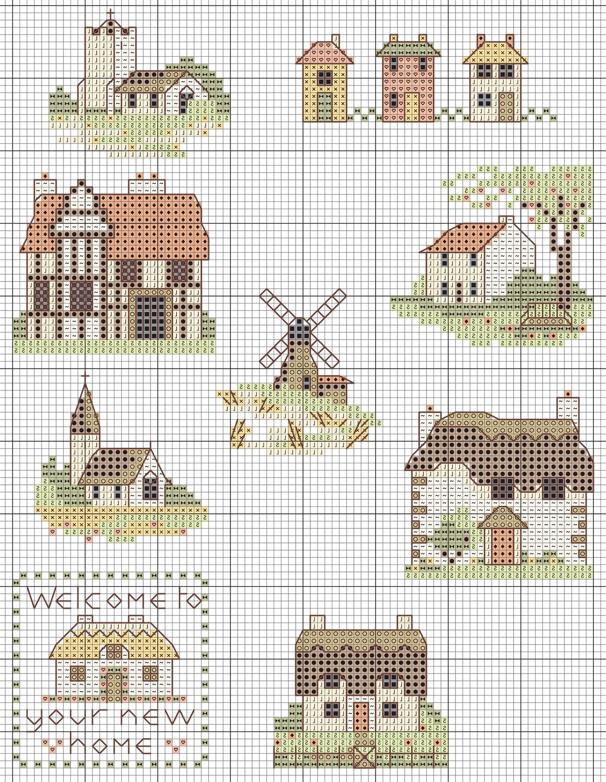 Schema punto croce Cottages Casas 03