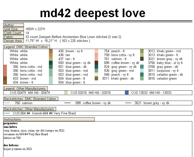 Schema punto croce Amore profondo legenda