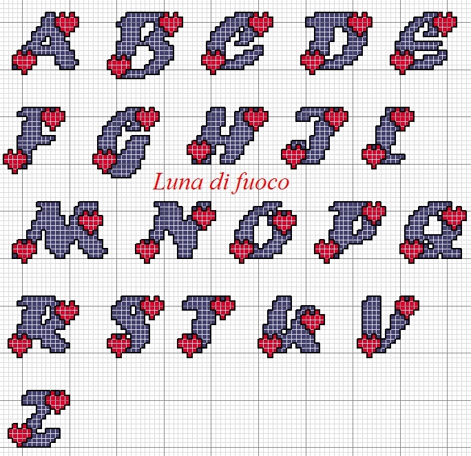 Schema punto croce Alfabeto cuoricini