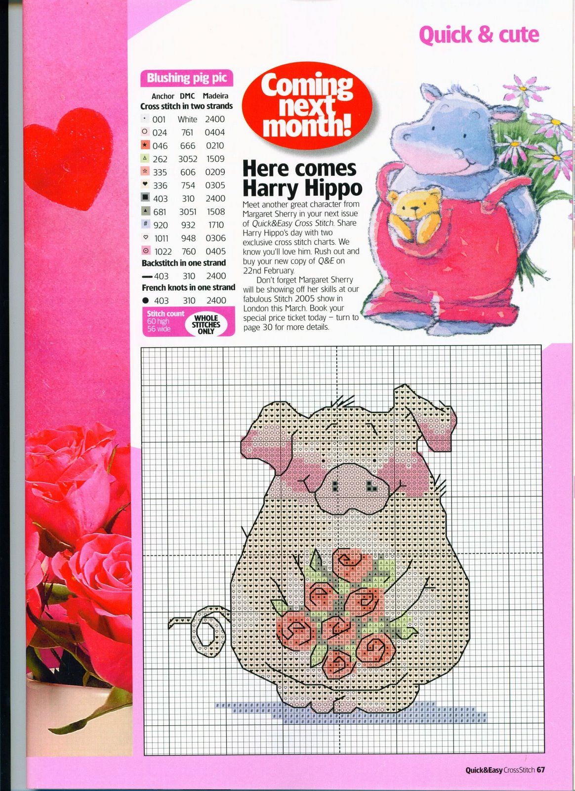 Schema punto croce Maialino con rose 1