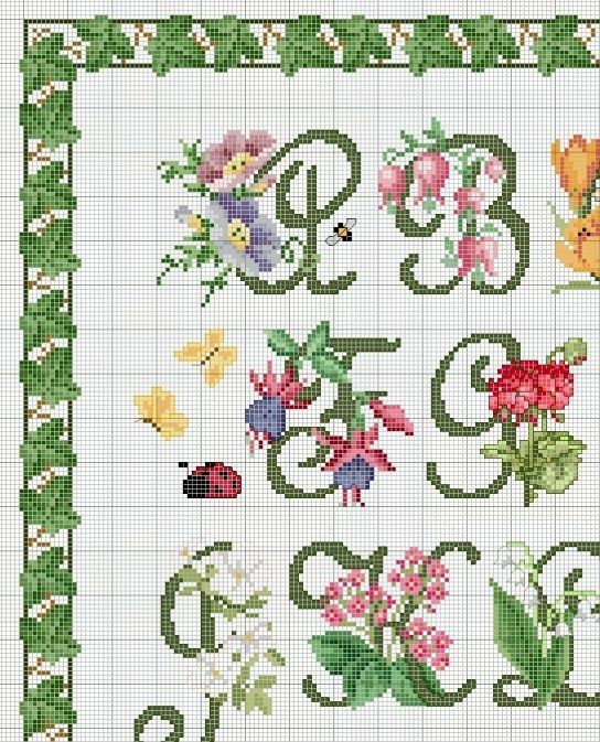 Schema punto croce Alfabeto floreale 1