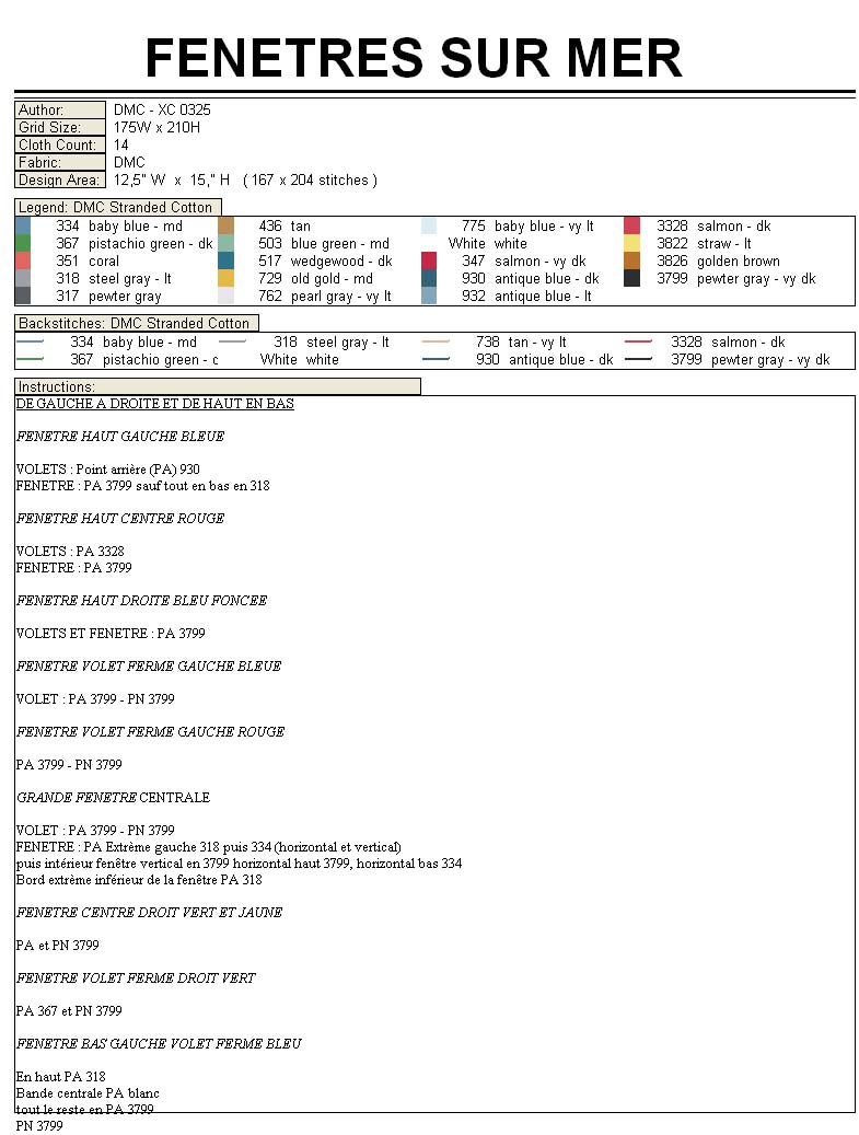 Schema punto croce Finestre sul mare legenda