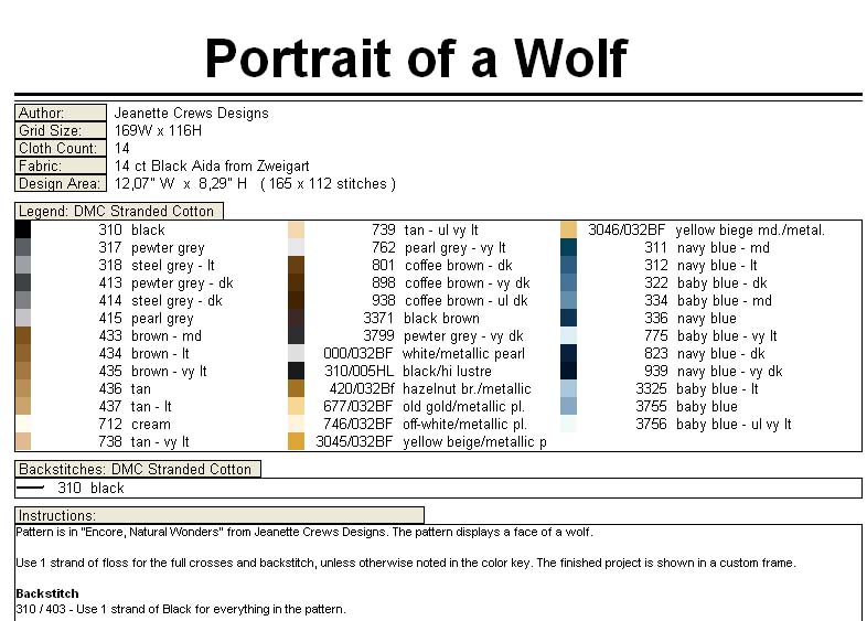 Schema punto croce Lupo legenda