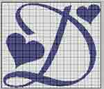 Schema punto a croce Iniziale D blu con cuori