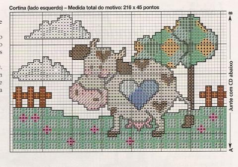 Schema punto croce Mucca Cuore Azzurro