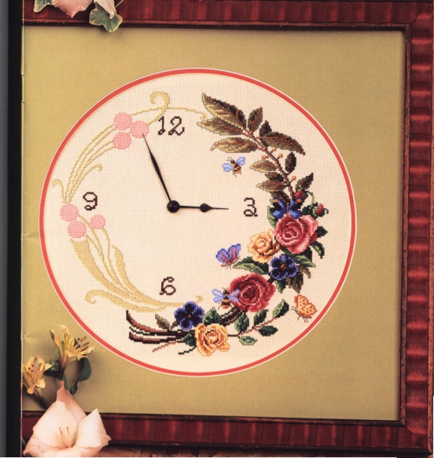 Schema punto croce Orologio Con Rose 1a