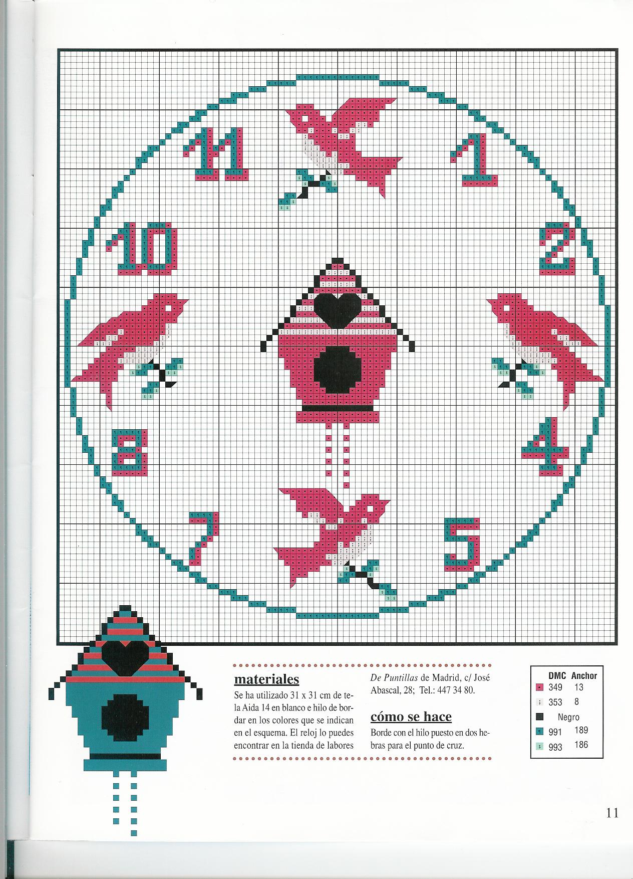 Schema punto croce Orologio Uccellini Rossi2